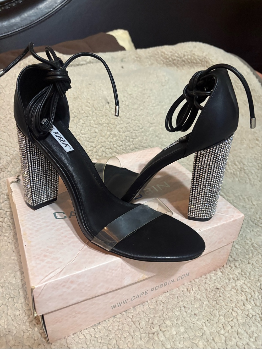 Black Cape Robbin Dress Sandals with Rhinestone Heels.